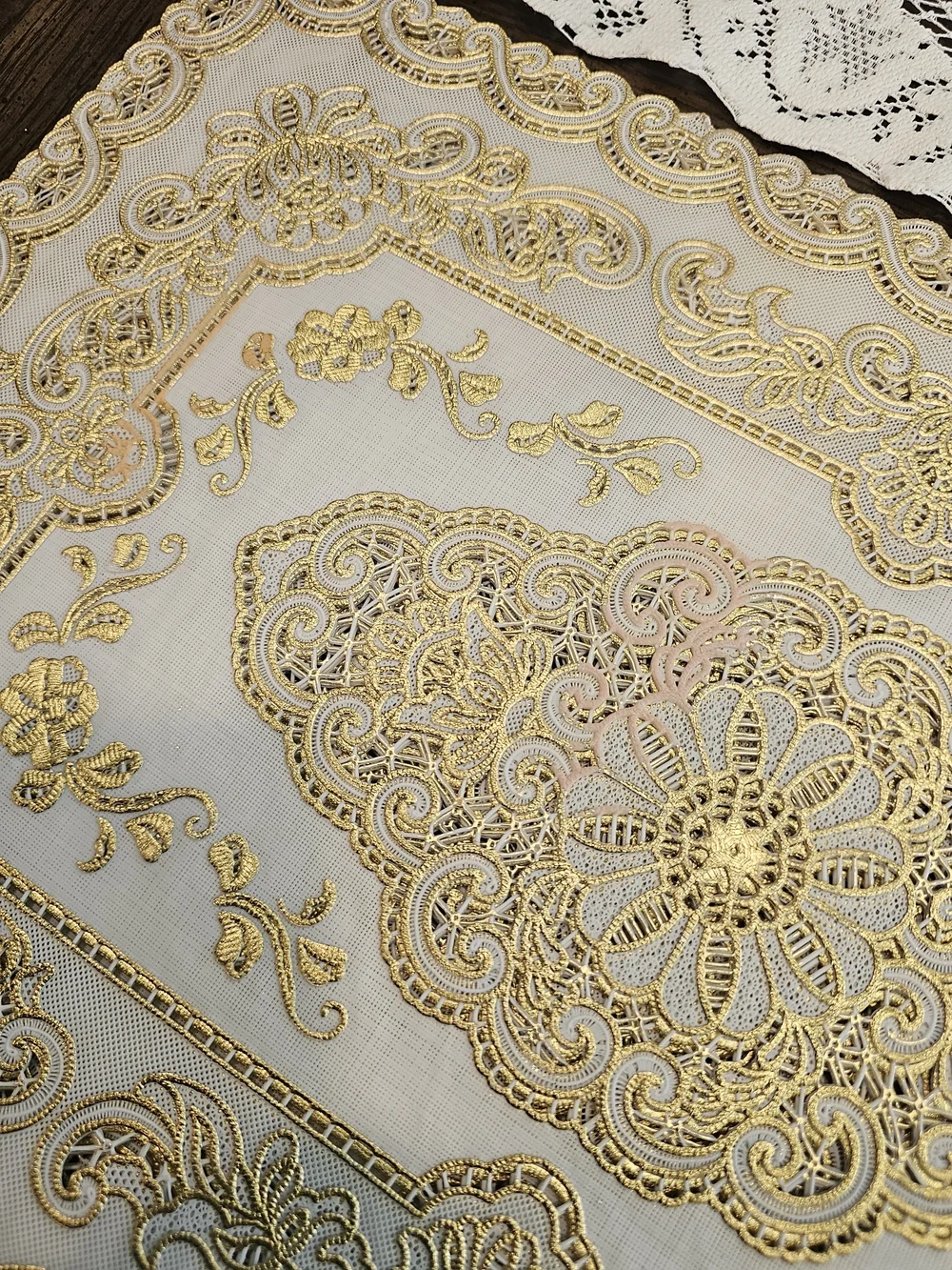 Vintage Gold & Cream Vinyl Placemats Baroque Medallion Two Tone - Set of 10